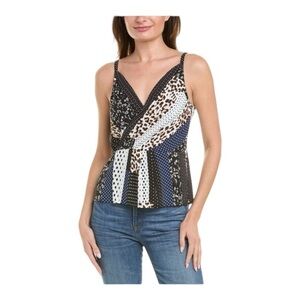 Cabi Chiffon Animal Print Polka Dot Faux Wrap Sleeveless Blouse Size 6 Women Q55